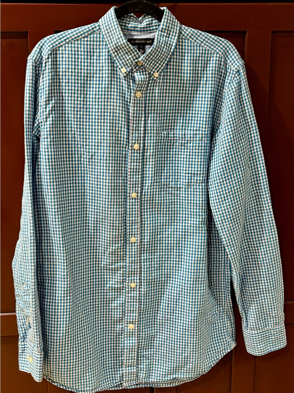 Banana Republic Teal and White Gingham Button-Down Shirt Size M-Tall